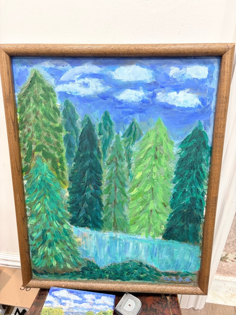 Original Hand Painted Pine Forest Landscape Painting Framed Green Wall Art
